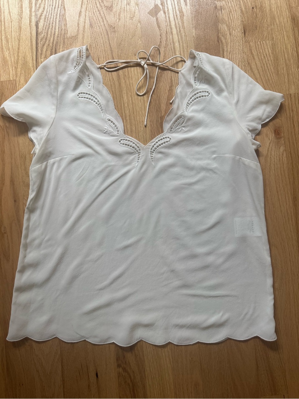 Sezane White Scallop Edge Short Sleeve Women's SIlk Top